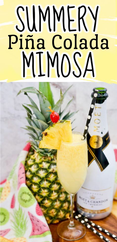 This Piña Colada Mimosa is a fantastically bubbly take on the classic tropical cocktail. A Champagne Piña colada is the perfect party drink for summer. Summer mimosa, Pina colada mimosa Pina Colada Mimosa Recipe, Champagne Summer Drinks, Pina Colada Mimosa, Tropical Mimosa Bar, Mimosa Flavor Ideas, Summer Mimosa Recipe, Mimosa Board, Island Mimosa, Pina Colada Punch Recipe