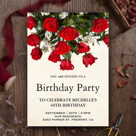 Romantic Red Roses Bouquet Birthday Party for $3.08 - Birthday Invitations Red Rose Birthday Theme, Roses Birthday Party Ideas, Rose Themed Birthday Party, Roses Bouquet Birthday, Red Rose Invitation, 21st Bday Party, Beautiful Roses Bouquet, Red Roses Bouquet, Elegant Birthday Invitations