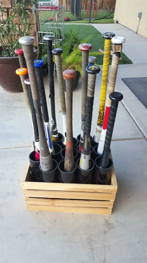 The finished product is a portable bat organizer that will fit all your baseball/softball player's bats without being on the floor. This project will accommodate any size bat on the market from high school to Little Leaguer. Great project for student and useful to help out mom and dad. Diy Dugout, Softball Dugout, Sport Ideas, Baseball Crafts, Baseball Ideas, Baseball Room, Baseball Decor, Softball Life, Softball Gifts