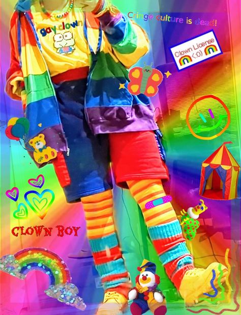 clowncore, rainbow, clothes Vintage Kidcore Outfits, Neon Kidcore Outfit, Neon Core Outfit, Masc Clowncore Outfits, Colorful Clown Outfit, Clowncore Outfit Ideas, Clown Core Clothes, Neoncore Outfits, Weirdcore Outfit Ideas