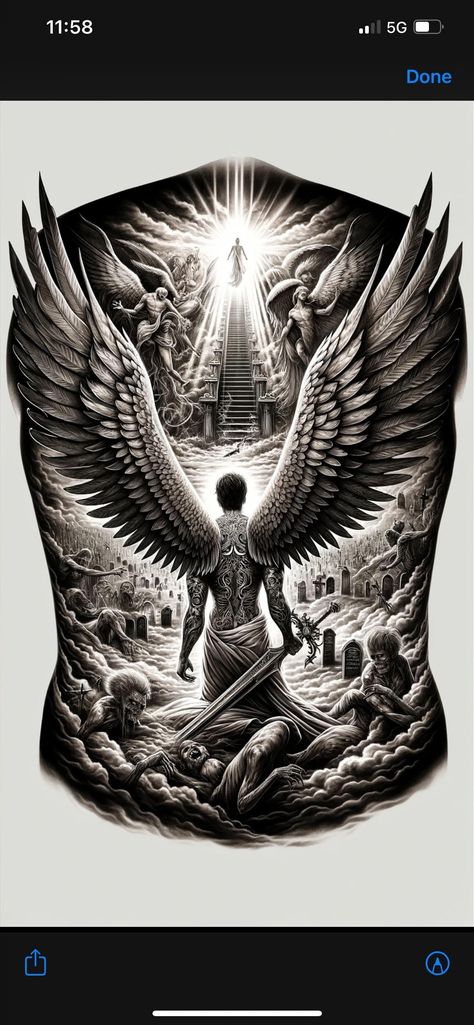 Angel Looking Up Tattoo, Guardian Tattoo For Men, James St Patrick Ghost Tattoo, Tattoo Ideas For Men Chinese, Guardian Angel Back Tattoo Men, Good Angel Bad Angel Tattoo Ideas, Battling Demons Tattoo, Angel Back Piece Tattoo, Shaded Star Tattoo