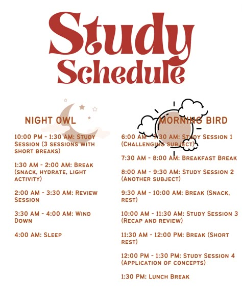 the poster for study schedule is shown in red and white, with an image of a bird Night Schedule Study, Midnight Study Schedule, Exams Study Schedule, Night Owl Schedule, Best Schedule For Study, Summer Study Schedule, 2 Weeks Before Exam Study Plan, Studying Schedule Ideas, Study Night Routine