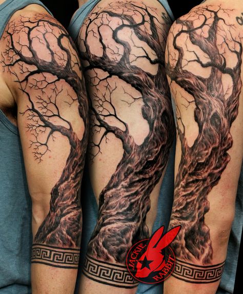 Realistic olive Tree Sleeve Greek Border Pattern Key Tattoo by Jackie Rabbit Tree Tattoos Simple, Oak Tree Tattoo Sleeve, Tree Tattoo Sleeve, Olive Tree Tattoos, Simple Tree Tattoo, Rabe Tattoo, Tree Sleeve Tattoo, Tree Tattoo Arm, Tree Sleeve