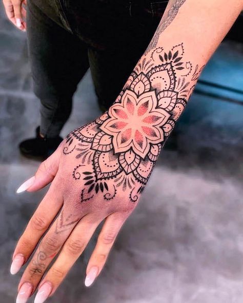 57 Soul-inspiring Mandala Tattoos with Meaning - Our Mindful Life Mandala Tattoo Mann, Wrist Hand Tattoo, Mandala Thigh Tattoo, Mandala Tattoos For Women, Mandala Wrist Tattoo, Herren Hand Tattoos, Small Mandala Tattoo, Bracelet Tattoos, Wrist Bracelet Tattoo