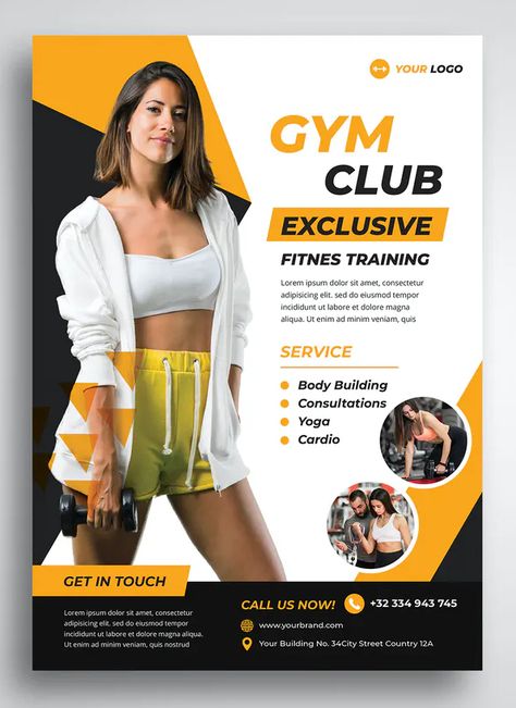 Gym Fitness Flyer Template PSD Gym Flyers Design, Gym Poster Design Banner Template, Gym Poster Design Creative, Gym Template Design, Fitness Poster Design, Personal Trainer Flyer, Fitness Flyer Design, Casino Ads, Dance Png