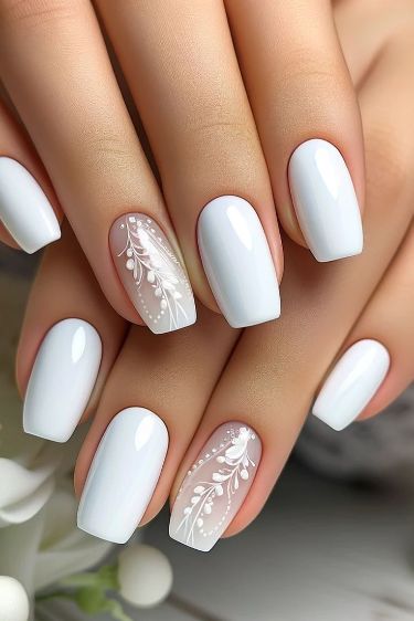 Wedding Nails Tropical, Bride Nails With Initials, Nails To Go With A White Dress, Wedding Nails For Bride Nail Art, Wedding Nail Designs For Bride, Bride Nail Designs, White Flowers Nails, Classic Wedding Nails, Brides Nails