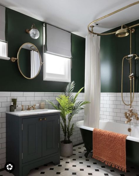 Small Bathroom Wainscoting Ideas, Half Tiled Bathroom, Bathroom Wainscoting Ideas, Dark Green Bathrooms, Green Tile Bathroom, Tiled Bathroom, Black White Bathrooms, Gold Bathroom, Upstairs Bathrooms