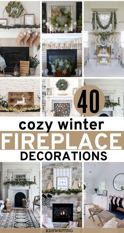 40 Winter Fireplace Decor Ideas – KBHWRITING Lanterns On Fireplace Mantel, Plants For Fireplace, Seasonal Fireplace Decor, Farmhouse Mantels Decorated, Electric Fireplace Decorating Ideas, Lights For Fireplace, Neutral Fireplace Mantle Decor, Mantel Winter Decorating Ideas, Scandi Mantle Styling