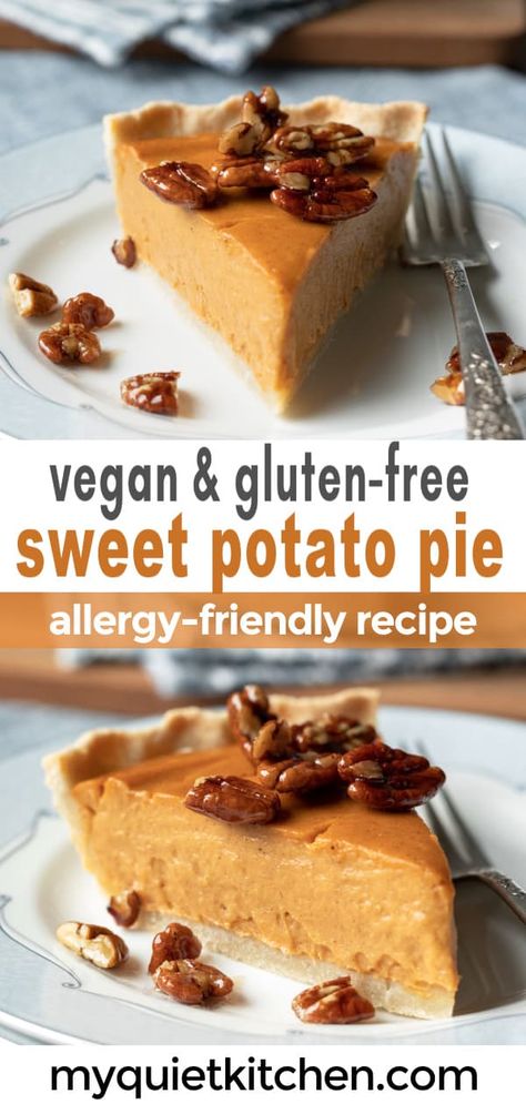 This silky Vegan Sweet Potato Pie is healthier than most, and yet so delicious no one will mind! With an exceptionally creamy filling and the best almond flour crust. This pie is also gluten-free, oil-free, and soy-free and great for making a day or two in advance. Raw Vegan Sweet Potato Pie, Gluten Free Dairy Free Sweet Potato Pie, Sweet Potato Pie Dairy Free, Sweet Potato Pie Healthy, Sweet Potato Pie No Crust, No Bake Sweet Potato Pie, Gluten Free Dairy Free Sweet Potato, Sweet Potato Pie Vegan, Vegan Sweet Potato Pie Recipes