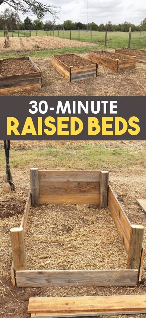 Learn how to build raised garden beds for vegetable gardening or herb gardening! These wooden raised beds are perfect for elevated gardening and incorporate some hugelkultur techniques as well! Get the DIY Raised garden bed plans today! Garden Beds Made From Pallets, House Fixer Upper Ideas Diy, Raise Garden Beds Diy, Corrugated Metal Raised Garden Beds Diy, Raised Garden Beds Recycled Materials, Raised Bed Garden Pallet, Field Garden Ideas, Raised Bed From Pallets, Easy Diy Raised Garden Bed Pallet