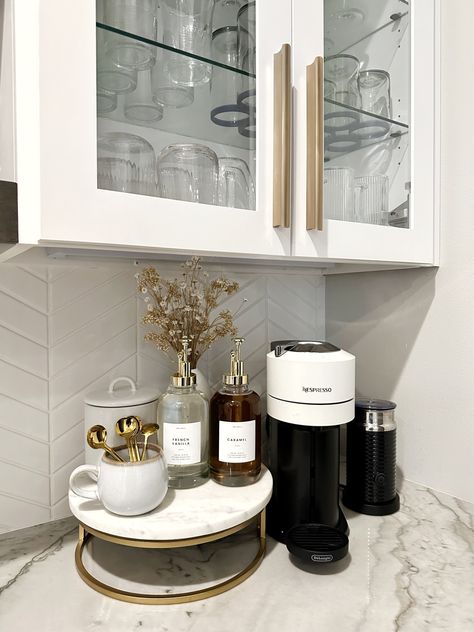 White Coffee Bar Ideas, Nespresso Coffee Corner, Nespresso Coffee Bar Ideas Modern, Nespresso And Keurig Station, Nespresso Bar Set Up, Nespresso Pod Storage Ideas, Keurig Coffee Station On Counter, Neutral Coffee Bar, Coffee Bar Set Up Ideas