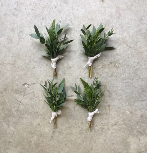 Simple Greenery Boutonniere, All Greenery Boutonniere, Simple Green Boutonniere, Leafy Bouquet Wedding, Greenery Boutineer Groomsmen, Pocket Square Boutonniere Greenery, Green White Boutonniere, Leafy Boutonniere, Boutennaire Wedding