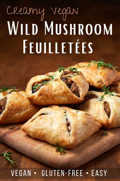 Pinterest graphic showing vegan wild mushroom feuilletees piled on a board. Vegan Indian Appetizers, Vegan Pastry Savoury, Vegan Small Bites, Vegan Nye Dinner, Vegan Starters Recipes, Puff Pastry Vegan Recipes, Elevated Vegan Recipes, Christmas Dinner Ideas Vegan, Vegan Gluten Free Christmas Dinner