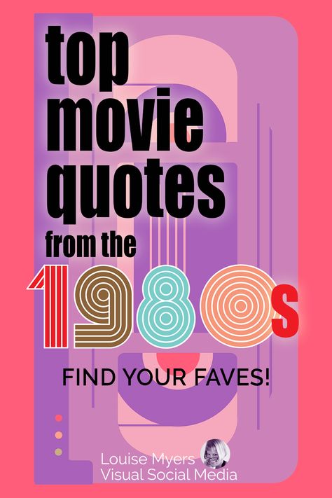 purple and pink graphic of vhs movie tape says top movie quote from the 80s, find your faves. Funny 80s Quotes, 1980s Quotes, Love Movie Quotes, Wall Street 1987, Top Movie Quotes, 80s Movie Quotes, 80s Quotes, Gordon Gekko, Rad Quotes