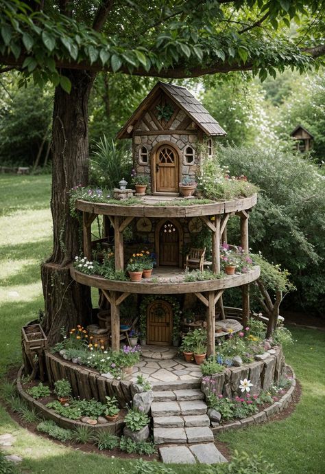 Fairy House Ideas Tree Stump, Creative Planting Ideas, Fairy Stump House Ideas, Canopy Garden Ideas, Nature Fairy House Diy, Eclectic Garden Decor, Cabin Garden Ideas Landscaping, Themed Garden Ideas, Fairy Garden Diy House