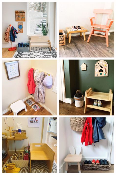 Montessori Entryway Ideas New Examples. Montesorri Self Care Station, Ikea Montessori Entryway, Montessori Coat And Shoes, Home Daycare Entryway Ideas, Montessori Coat Hooks, Montessori Coat Rack, Montessori Entryway Ideas, Kids Coat Hooks Entryway, Montessori Entrance