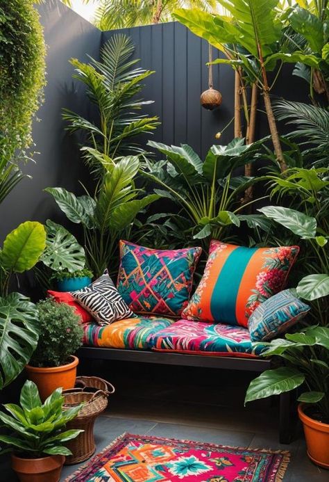 Home Outdoor Decor Ideas, Reading Nook Garden, Bright Garden Ideas, Home And Garden Design Ideas, Small Courtyard Ideas Garden Nook, Outside Deck Ideas, Tropical Furniture Design, Small Back Patio Ideas, Cool Garden Ideas