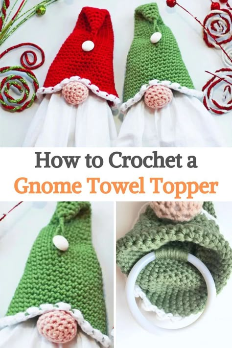 If you love gnomes as much as we do, you'll love how simple, easy, and fun it is to make this gnome towel topper!Perfect for gifts or to decorate your own kitchen/bathroom, this pattern can be made for Christmas or any time of the year, just change a bit the colors.This crochet project is made with cotton thread to define the stitches, but you may like acrylic more as it tends to be much more color-resistant than cotton. Gnome Towel Hangers, Free Crochet Kitchen Towel Topper Patterns, Christmas Crochet Kitchen Towels, Crochet Gnome Potholder, Crochet Gnome Towel Holder Free Pattern, Gnome Crochet Towel Topper, Gnome Kitchen Towel Holder, Crochet Gnome Towel Holder, Gnome Kitchen Towels