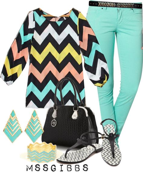 "Chevron Wear" by mssgibbs on Polyvore Chevron Outfit, Mint Jeans, Boho Chic Dresses, Bohemian Dresses, Chic Dresses, Color Combo, Thong Sandals, Style Dress, Passion For Fashion