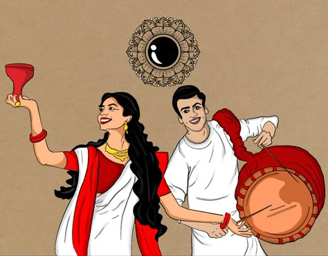 Bengali Couple Illustration Drawing, Navratri Painting Ideas, Durga Puja Illustration, Bengali Illustration Art, Durga Puja Painting, Navratri Painting, Durga Puja Poster, Bengali Illustration, Agarbatti Packaging