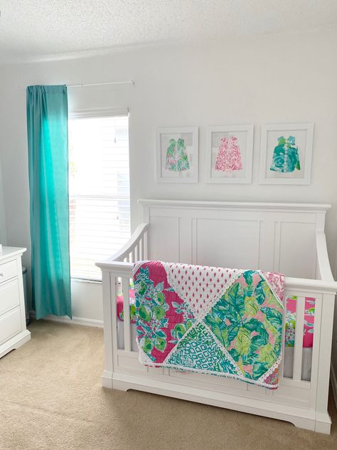 Lilly Pulitzer Nursery Ideas, Lilly Pulitzer Nursery, Lilly Nursery, Nursery Closet Storage, Lilly Pulitzer Bedroom, Pottery Barn Kids Bedrooms, Changing Table Nursery, Lilly Pulitzer Room, Southern Nursery