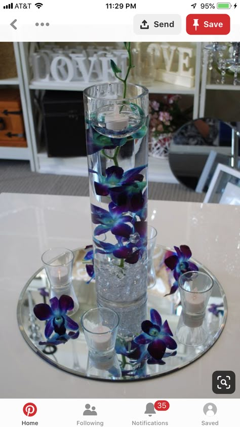 Blue And Purple Wedding Decorations, Blue Orchid Wedding, Blue Wedding Centerpieces, Floating Candle Centerpieces, Blue Centerpieces, Orchid Wedding, Royal Blue Wedding, Wedding Floral Centerpieces, Peacock Wedding