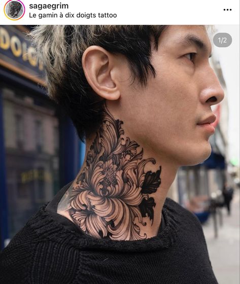 Japanese Neck Tattoo Design, Japanese Side Neck Tattoo, Throat Tattoo Japanese, Japanese Tattoo Art Neck, Side Neck Tattoo Designs Men, Black And White Neck Tattoo, Side Neck Cover Up Tattoos Men, Neck Side Tattoo Men, Floral Neck Tattoo Men