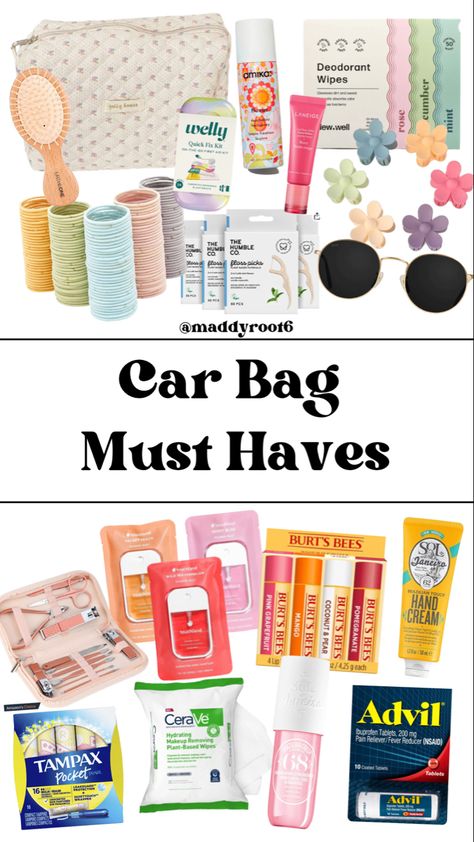 car bag, car, car essentials, women’s car, car accessories, hair ties, sunglasses, quilt bag, chapstick, flower claw clips, hand sanitizer, Sports Mom Car Essentials, Car Boot Essentials, Off Roading Essentials, Women’s Car Essentials, On The Go Bag Essentials, Aesthetic Car Must Haves, Summer Mom Car Essentials, Must Have In Car, Car Checklist For Women