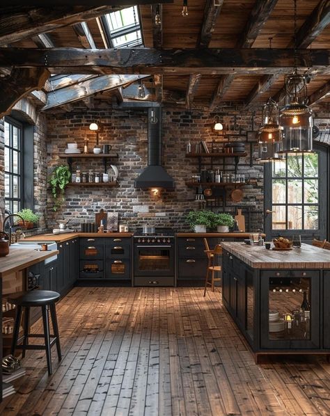 Moody Kitchen, Industrial Style Kitchen, Dark Kitchen, Farmhouse Kitchen Design, Cottage House, Cozy Kitchen, Industrial Kitchen, Kitchen Trends, Dream House Interior