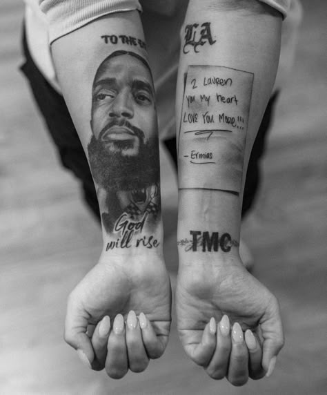 Victory Lap Tattoo, Nipsey Hussle And Lauren London, Arm Cover Up Tattoos, Nipsey And Lauren, Nipsey Hussle Lauren London, Nipsey Lauren, Tattoo 2017, The Marathon Continues, Small Wave Tattoo