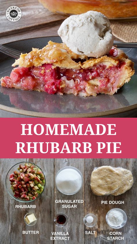 Homemade Rhubarb Pie with fresh rhubarb, sugar, butter, vanilla extract and pie dough (store-bought frozen pie shells work well in case you don't have homemade pie dough!). Serve with vanilla ice cream as a perfect dessert for warm weather. #springdessert #summerdessert Best Rhubarb Pie, Rhubarb Pie With Frozen Rhubarb, Rhubarb Pie Recipes Best, Rhubarb Pie Recipe Easy, Rhubarb Pie Recipes, Rubarb Pie, Rhubarb Pie Filling, Rhubarb Desserts Recipes, Rhubarb Pie Recipe