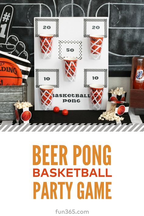 Celebrate March Madness with a game of friendly beer pong basketball. Make your own DIY party game by following step-by-step instructions from Mariah of Giggles Galore. Here's how she did it. #partygame #marchmadness #party College Games Party, Kegger Party Ideas, Battleshots Diy Drinking Game, Bar Games Ideas, Beer Olympics Games Ideas Summer, Beer Olympics Party, Cookout Games, Beer Olympics Games, Beer Pong Party