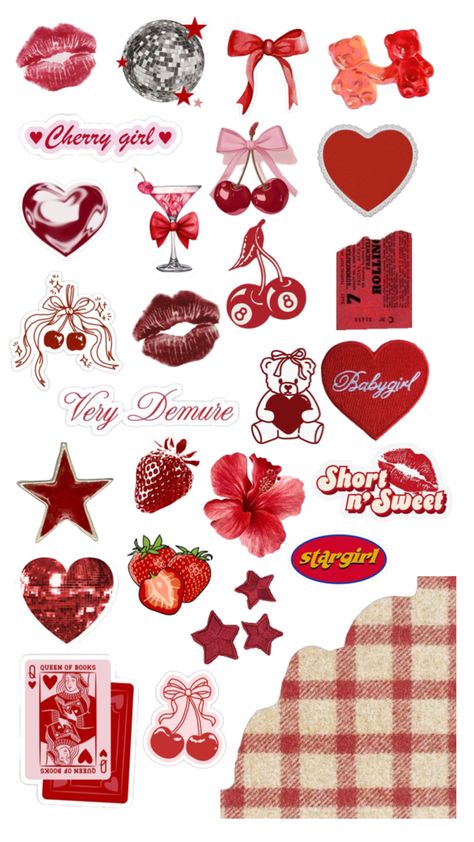 Red Aesthetic Printable, Red Scrapbook Stickers, Free Printable Scrapbook Stickers, Vintage Sticker Sheet, Red Printable Stickers, Aesthetic Stickers Printable Vintage, Valentines Stickers Aesthetic, Red Stickers Printable, Aesthetic Red Stickers