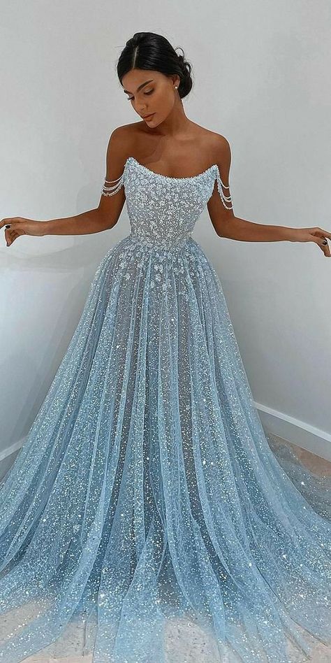 Crystal Blue Prom Dress, Winter Theme Dresses, Extreme Prom Dresses, Light Blue Prom Dress Glitter, Elegant Prom Dresses Unique Ball Gown, Unique Prom Dress Colors, Dream Dress Princesses, Baby Blue Ball Gown, Ethereal Aesthetic Outfits