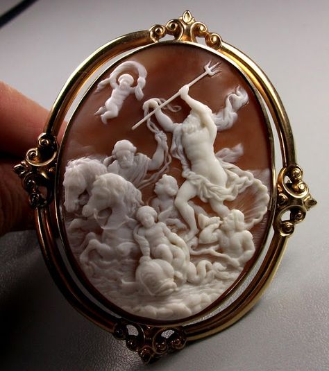 Triumph of Poseidon, ca. 1860 | In the Swan's Shadow Antique Cameo Jewelry, Victorian Cameo, Cameo Jewelry, Vintage Cameo, Carved Shell, Cameo Brooch, Lost Art, Ancient Jewelry, Victorian Jewelry