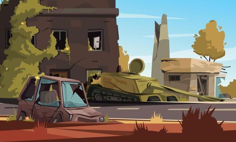 Destroyed City, Character Design 2d, Street Cartoon, Desert Background, Abandoned City, Military Tank, Animation References, Black And White City, City Cartoon