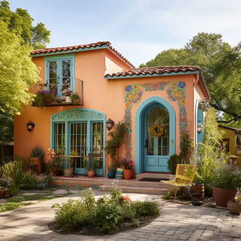 Teal And Coral House Exterior, Mexican Inspired House Exterior, One Story Mexican Style Homes, Mexican Hacienda Homes Exterior, Latino House Aesthetic, Latin House Exterior, Traditional Mexican House Exterior, Southwest House Exterior, Mexican Exterior Houses