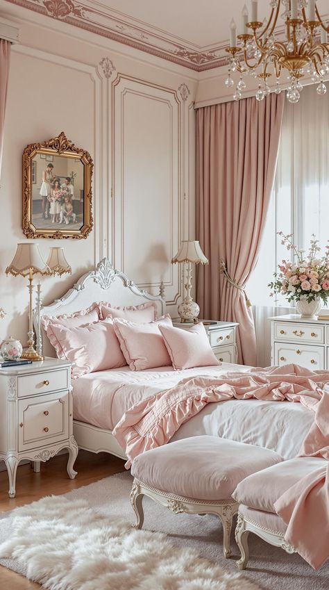 Pink Bedroom Ideas Pink Toile Bedroom, French Bed Design, Beautiful Pink Bedrooms, Chic Feminine Bedroom, Classic Pink Bedroom, Pink Rococo Bedroom, Pink French Country Bedroom, Feminine Primary Bedroom, Teen Paris Bedroom