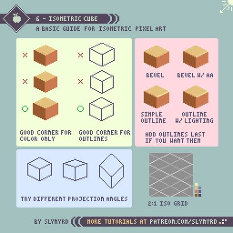 Tutorial - 6 - Isometric Cube | Slynyrd on Patreon Slynyrd Tutorials, Isometric Pixel Art Tutorials, Pixel Art Guide, 16bit Pixel Art, Pixel Art Isometric, Pixel Art Tips, Pixel Tutorial, Isometric Pixel Art, How To Pixel Art