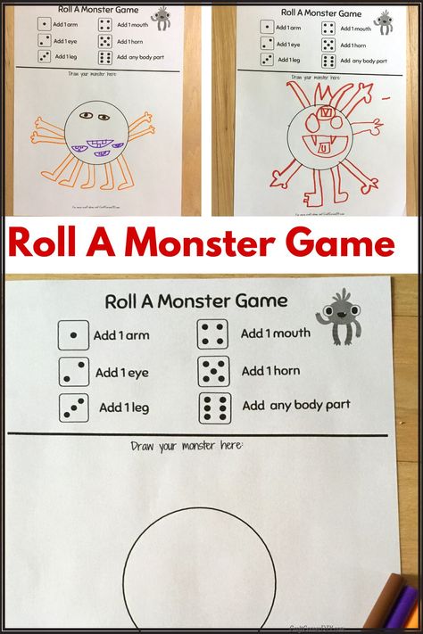 Free printable roll a monster game. Cross Age Buddy Activities, Make A Monster Dice Game, Board Game Activities, Telestrations Diy Free Printables, Kinder Enrichment Activities, Fun Halloween Activities For School, Roll A Monster Game, Math Activities For School Age, Roll A Face Dice Game