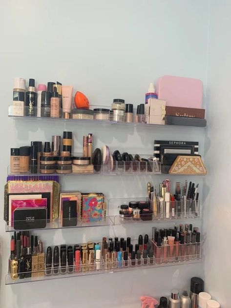 (ad) Makeup desk - Bedroom Furniture. . Read more at the image link. Shelves For Small Bathroom, Small Makeup Studio Decor, Acrylic Book Shelves, Small Makeup Studio, Makeup Suite, Home Makeup Studio, Makeup Storage Wall, Makeup Studio Ideas, Small Bathroom Shelves