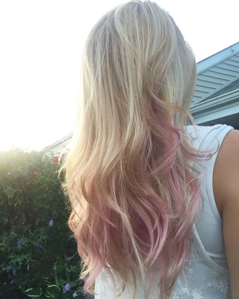 Love my pink hair!  #pink #blonde #rose Pink Pieces In Blonde Hair, Blonde Hair With A Hint Of Pink, Blond With Color Highlights, Platinum Blonde With Pink Underneath, Pink Ends On Blonde Hair, Blonde Hair Dyed Pink, Pink And Blonde Balayage, Blonde W Pink Highlights, Blonde Hair With Coloured Highlights