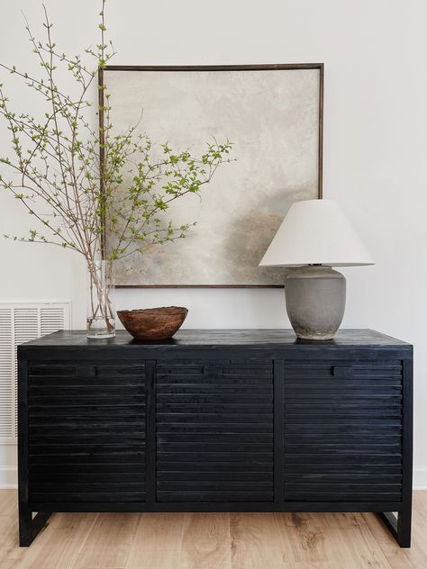 Modern Black Sideboard, How To Decorate A Sideboard, Black Sideboard Buffet, Light Wood Dining Table, Diy Sideboard, Sideboard Styles, Warm Wood Flooring, Neutral Dining Room, Taupe Walls