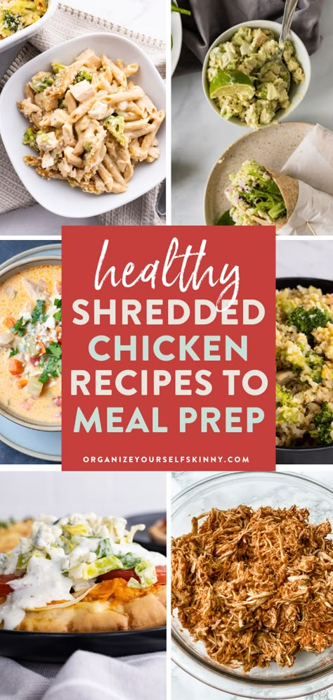 Meal Prep For The Week Shredded Chicken, Good Chicken Meal Prep, Meal Prep Using Chicken, What To Make With Shredded Chicken Healthy, Recipes Using Shredded Chicken Healthy, Crockpot Shredded Chicken Meal Prep, Healthy Lunch Ideas With Shredded Chicken, Lunch Chicken Meal Prep, Shredded Chicken Recipes Healthy Clean Eating