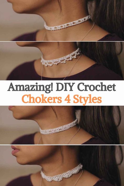 In this video we will learn how to make a few different styles of a crochet choker. Feel free to add more rows if you want them bigger! The creator's chokers were around 12 inches, which was the size of her neck. Approximately every 3 chains = 0.5 inches. To make it easier, she used a length of 48 chains for each choker, which worked for her since 3/4 of her chokers had stitches 4 or 6 stitches apart. (48 is a multiple of 4 and 6) But DON'T WORRY if her stitches aren't exactly... Choker Patterns Crochet, Crochet Neck Choker, How To Crochet Necklace, Choker Necklace Crochet, Crochet Choker Tutorial, Crocheted Chokers Free Pattern, Necklace Crochet Pattern Free, Crochet Choker Necklace Free Pattern, Choker Crochet Pattern Free