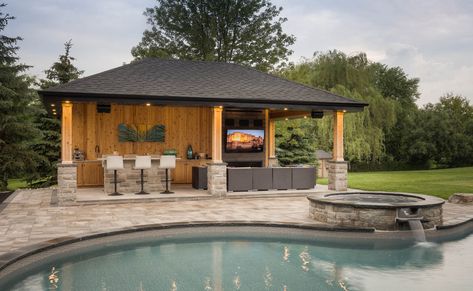 Lean To Pool Cabana, Pools With Outdoor Kitchen, Bbq Cabana, Gazebo By Pool, Rustic Pool House Ideas, Pool Cabana With Bar, Pool Side Gazebo, Outdoor Cabana Ideas, Pool With Gazebo