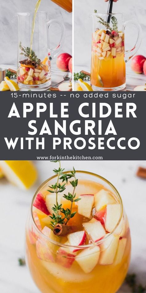 Nothing says fall quite like Apple Cider Sangria. This flavorful, easy-to-make cocktail is perfect for a holiday party or get-together with friends because it's made by the pitcher and only takes about 15 minutes! Bursting with warm fall flavors and bubbly prosecco, it's the perfect autumn drink! Apple Cider Prosecco Punch, Fall Holiday Cocktails, Fall Cider Sangria, Cider Prosecco Cocktail, Apple Cider Champagne Punch, Champagne Apple Cider Cocktail, Apple Cider Big Batch Cocktails, Apple Cider Sangria With Prosecco, Apple Cider And Prosecco