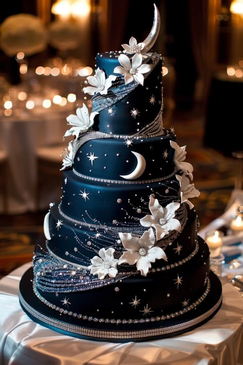 Celestial Cascade: Midnight Blue and Silver Birthday Cake Beautiful Tiered Cakes, Cute Two Tier Cakes, Van Gogh Wedding Cake, Wedding Cakes Celestial, Under The Stars Cake Sweet 16, Night Sky Wedding Cake, Dark Blue Quinceanera Cake, Wedding Cake With Sprinkles, Navy Blue Sweet 16 Cake