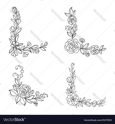 Corner Drawings Flower, Borders For Greeting Cards, Greeting Card Border Designs, Rose Border Design Drawing, Border Floral Design, Botanical Border Design, How To Draw Borders Design, Corner Border Designs For Projects, Corner Design For Project