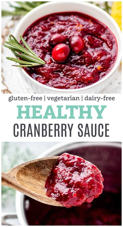 This healthy cranberry sauce recipe made with orange juice and cinnamon is a healthier way to add flavour to your turkey and fixings. With its ruby red hue, it makes a beautiful festive addition to any holiday meal! {Gluten-free & dairy-free} Cranberries Thanksgiving, Healthy Cranberry Sauce, Paleo Cranberry Sauce, Spicy Cranberry Sauce, Macro Dinner, Orange Cranberry Sauce, Sugar Free Cranberry Sauce, Gluten Free Apple Cake, Paleo Holiday Recipes